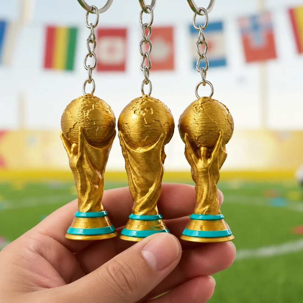 Três chaveiros dourados em formato de taça de futebol, na ponta dos dedos