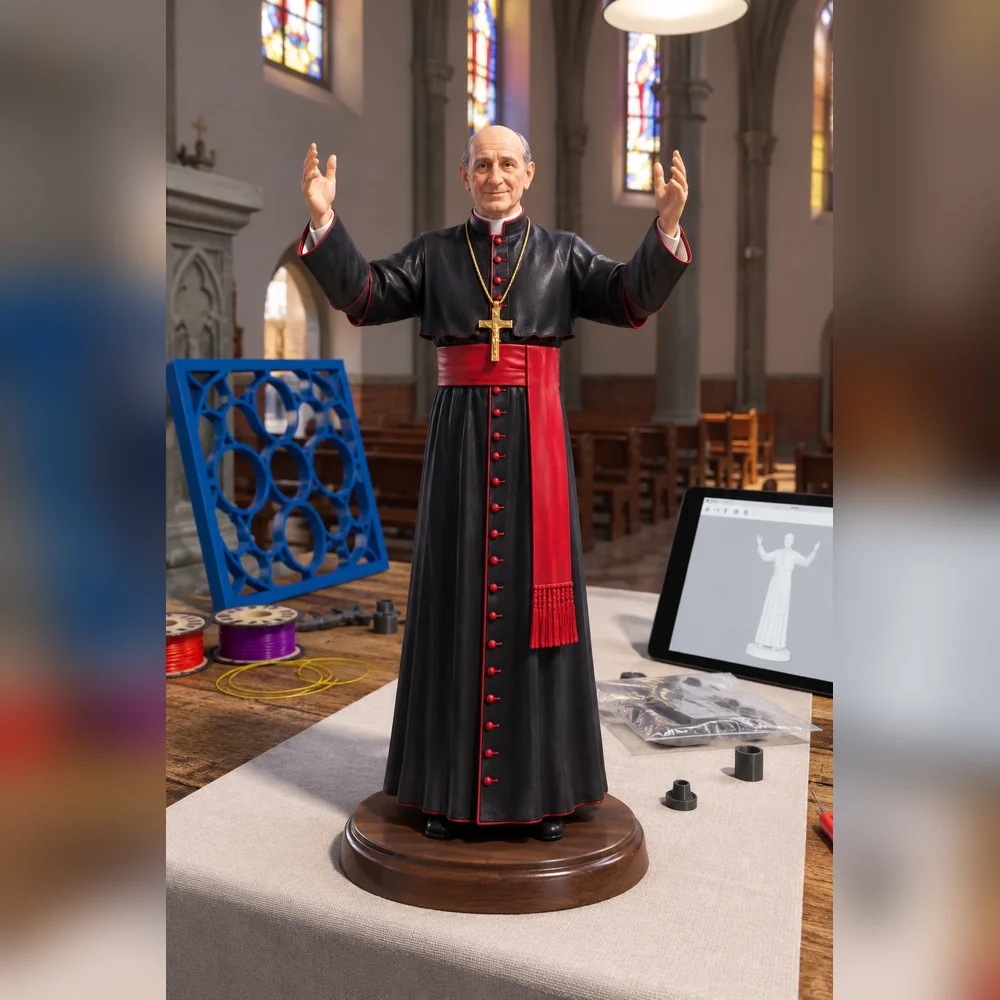 Imagem de sacerdote de corpo inteiro, de batina preta com faixa vermelha, com os braços erguidos